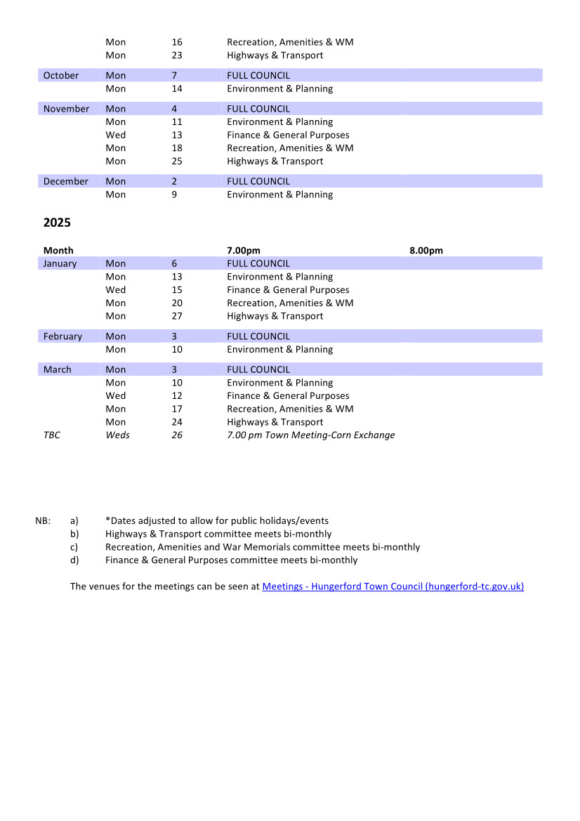 Town Council Calendar Nov 2023 - March 2025 DRAFT 1